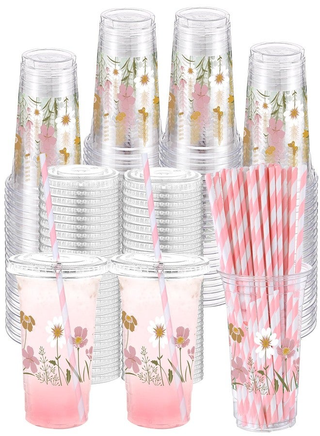Funnymoom 50 Pcs Boho Flower Disposable Cups with Lids and Straw 12 oz Spring Summer Floral Clear Plastic Drinking Cups Wildflowers Drinking Cups for Summer Spring Birthday Baby Shower Party Supplies - Image 1